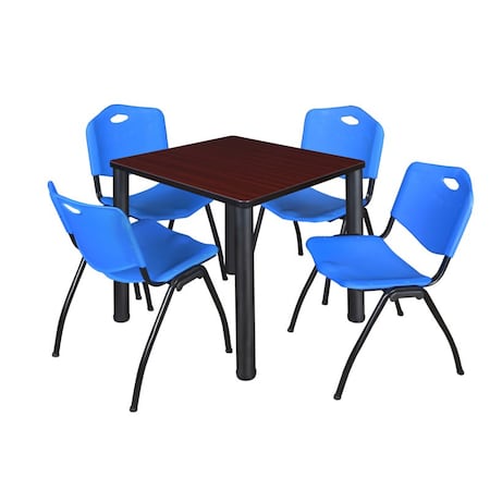 TB3030MHBPBK47BE Mahogany 30 in. Kee Square Breakroom Table with Black & Blue 4 M Stack Chairs